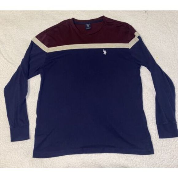 US Polo Association Maroon Navy Crewneck Men’s Sz L Stripe - Picture 1 of 5